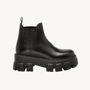 Prada Women's Lug Sole Monolith Brushed Leather Chelsea Boots / Black / Sz 36.5